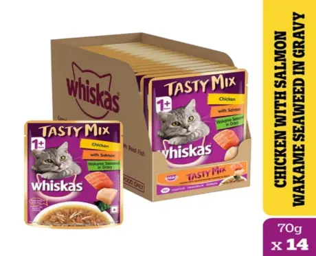 Whiskas Adult Tasty Mix Chicken With Salmon Wakame Seaweed in Gravy, Cat Wet Food,(1+Years)