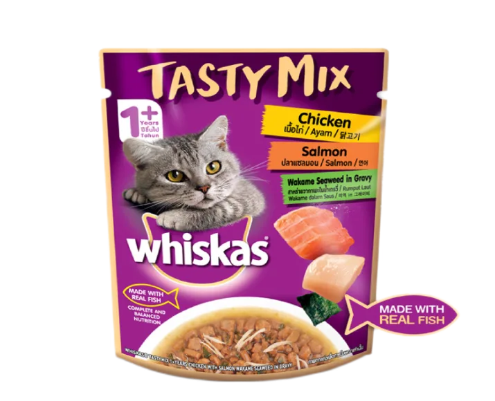 Whiskas Adult Tasty Mix Chicken With Salmon Wakame Seaweed in Gravy, Cat Wet Food 1