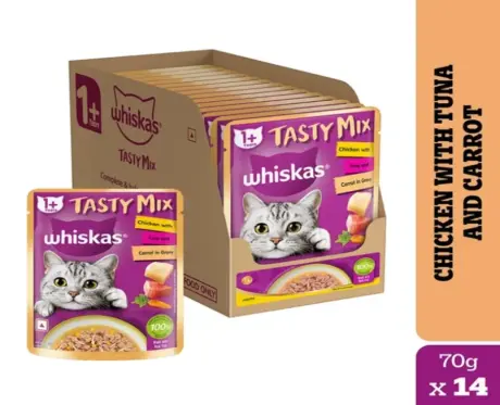 Whiskas Adult Tasty Mix Chicken with Tuna in Carrot in Gravy, Cat Wet Food,(1+Years)