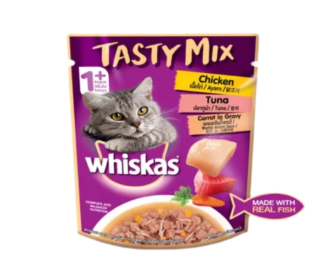 Whiskas Adult Tasty Mix Chicken with Tuna in Carrot in Gravy at ithinkpets