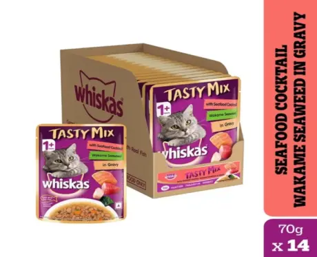 Whiskas Adult Tasty Mix Seafood Cocktail Wakame Seaweed in Gravy, Cat Wet Food,(1+Years)