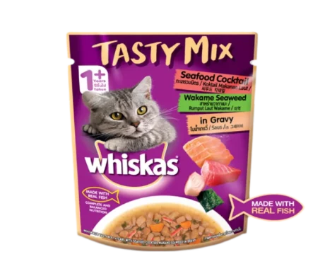 Whiskas Adult Tasty Mix Seafood Cocktail Wakame Seaweed in Gravy, Cat Wet Food at ithinkpets