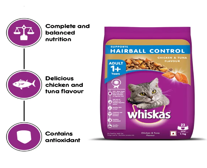 Whiskas Chicken and Tuna Flavour Hairball Control Dry Cat Food for Adult Cats at ithinkpets (6)