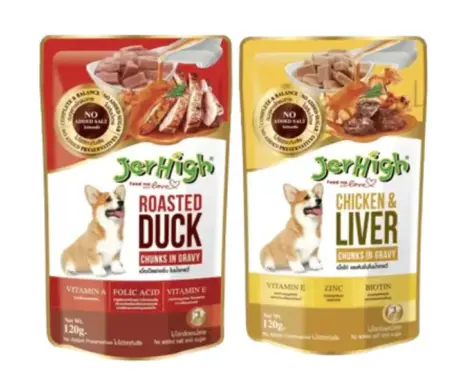 JerHigh Roasted Duck in Gravy and Chicken And Liver in Gravy Dog Wet Food Combo Ithinkpets.com
