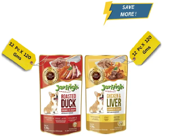 JerHigh Roasted Duck in Gravy and Chicken And Liver in Gravy Dog Wet Food Combo at ithinkpets.com (1)