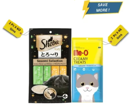Me-O Creamy Chicken & Liver and Sheba Chicken & Chicken Whitefish Sasami Selection Melty Premium Cat Treats Combo at ithinkpets.com (1)