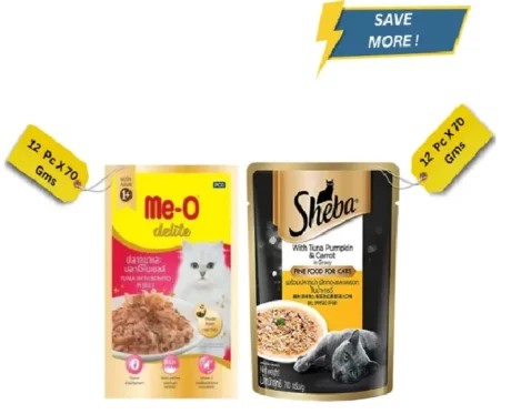 Me-O Delite Tuna with Bonito in Jelly and Sheba Tuna Pumpkin & Carrot In Gravy Rich Premium Adult Fine Cat Wet Food Combo at ithinkpets.com (1) (1)