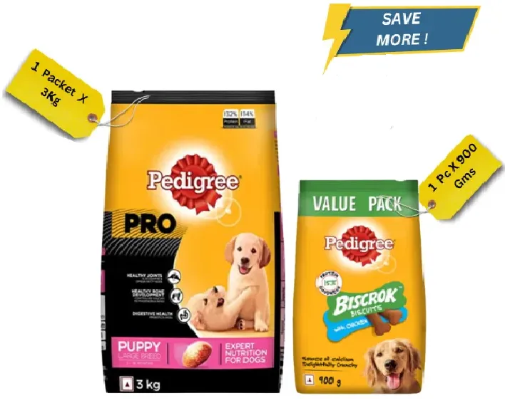 Pedigree PRO Large Breed Puppy Dry Food and Chicken Flavour Biscrok Treat Combo (3kg +900g) at ithinkpets.com (1)
