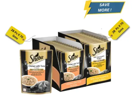 Sheba Tuna Pumpkin Carrot and Chicken With Tuna Adult Cat Wet Food Combo, 56 Pcs (1)