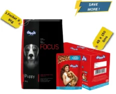 Drools Focus Super Premium Puppy Dry Food and Real Chicken & Chicken Liver Chunks in Gravy Puppy Wet Food Combo at ithinkpets.com (1)