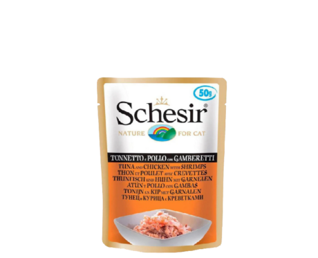 Schesir 34% Tuna & Chicken with Shrimps Wet Cat Food Pouch, 50 Gms at ithinkpets.com (1) (1)
