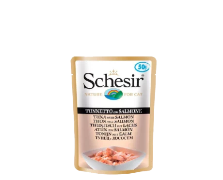Schesir 55% Tuna with Salmon Wet Cat Food Pouch, 50 Gms at ithinkpets.com (1) (1) (1)