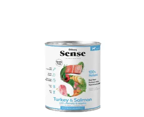 Dibaq Sense Grain Free Turkey and Salmon with Carrots and Apples Hypoallergenic Wet Puppy Food, 380g at ithinkpets.com (1) (1)