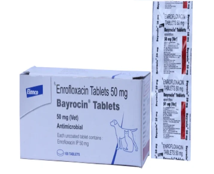 Elanco Bayrocin Tablets 50 MG (Enrofloxacin) for Dogs and Cats, 10 Tablets at ithinkpets.com (1) (1)
