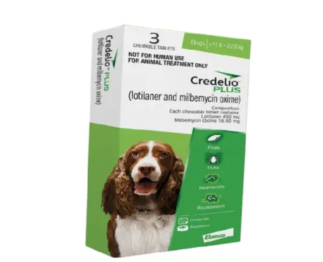 Elanco Credelio PLUS 450 MG Chewable Tablets for Dogs ( 11–22 kg), Tick, Flea, Worm & Heartworm Protection at ithinkpets.com 1 (2) (1)