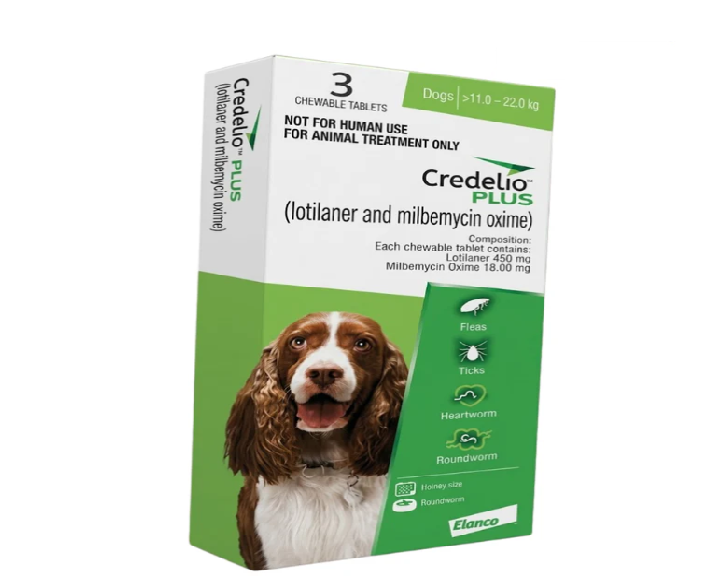 Elanco Credelio PLUS 450 MG Chewable Tablets for Dogs ( 11–22 kg), Tick, Flea, Worm & Heartworm Protection at ithinkpets.com 1 (2) (1)